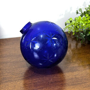 Vintage Cobalt Blue Glass Christmas Ornament Ball Etched Starburst 4.5”